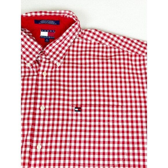 Vintage 90s Tommy Hilfiger Button Front Shirt XL Checkered Tablecloth Red White - Picture 4 of 9
